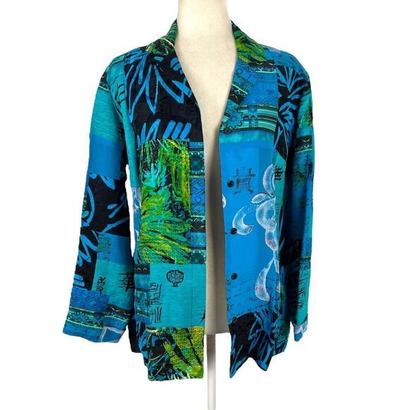 Chico's Oriental Art-to-Wear Patchwork Silk Linen Blazer Jacket Turquoise SZ 4 - Picture 11 of 15